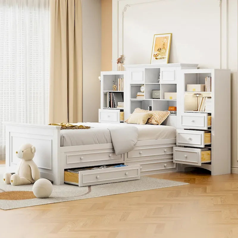 Cadre de lit plateforme en bois double avec armoire verticale tout-en-un et 4 tiroirs de chaque côté
