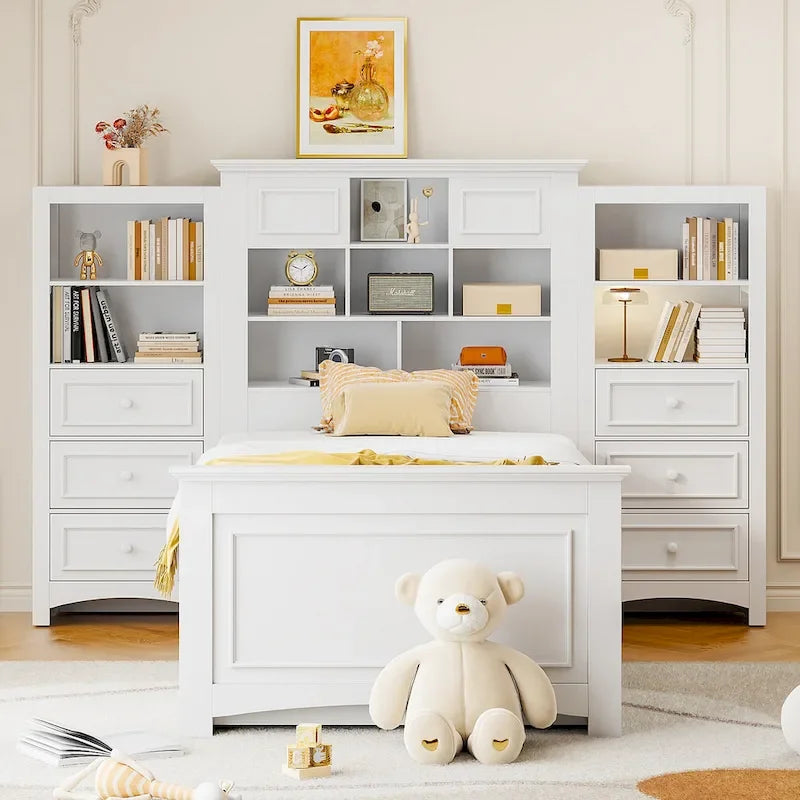 Cadre de lit plateforme en bois double avec armoire verticale tout-en-un et 4 tiroirs de chaque côté