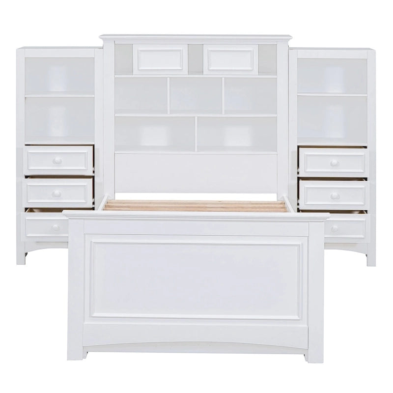 Cadre de lit plateforme en bois double avec armoire verticale tout-en-un et 4 tiroirs de chaque côté
