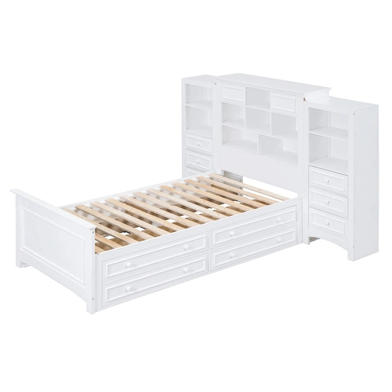 Cadre de lit plateforme en bois double avec armoire verticale tout-en-un et 4 tiroirs de chaque côté