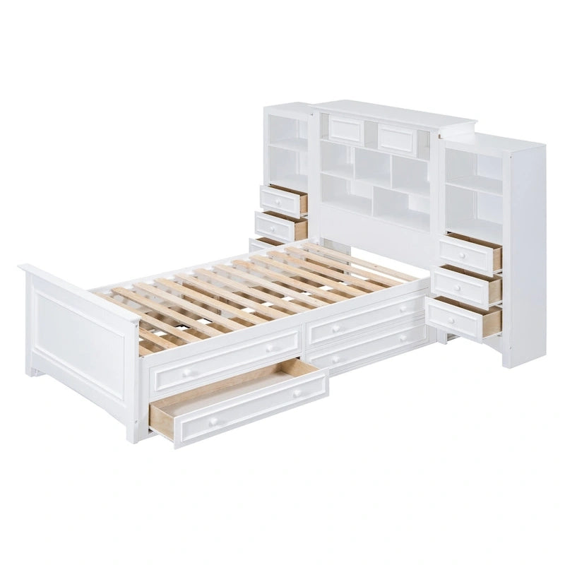 Cadre de lit plateforme en bois double avec armoire verticale tout-en-un et 4 tiroirs de chaque côté