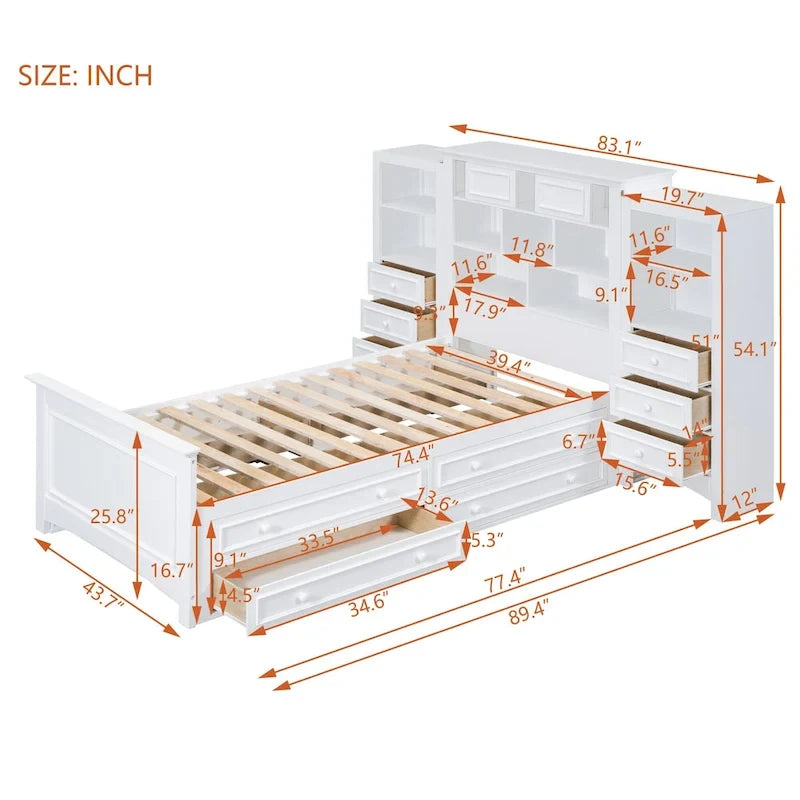 Cadre de lit plateforme en bois double avec armoire verticale tout-en-un et 4 tiroirs de chaque côté