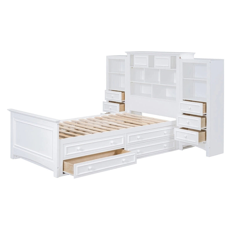 Cadre de lit plateforme en bois double avec armoire verticale tout-en-un et 4 tiroirs de chaque côté