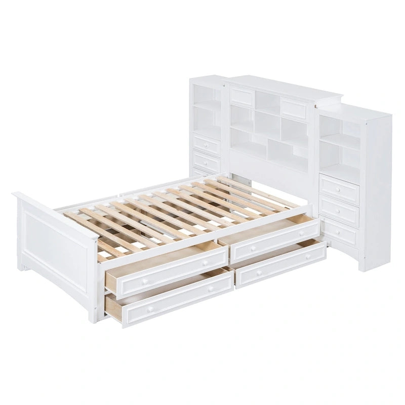 Cadre de lit plateforme en bois double avec armoire verticale tout-en-un et 4 tiroirs de chaque côté