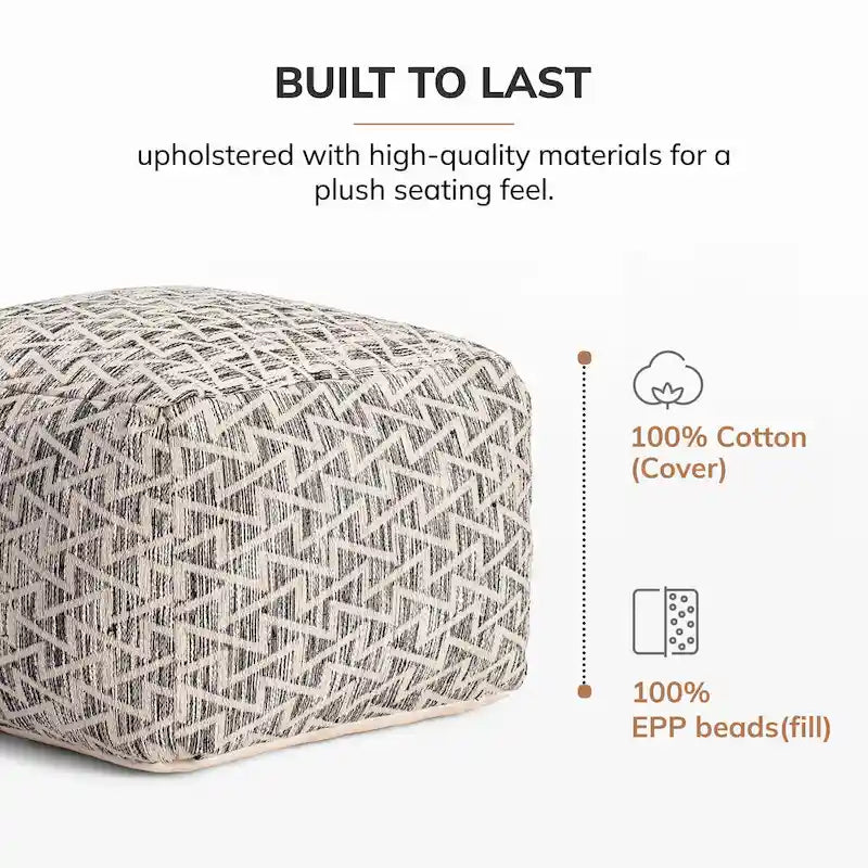 Pouf ottoman carré noir de 22 pouces - Repose-pieds fait main pour salon, chambre à coucher, patio