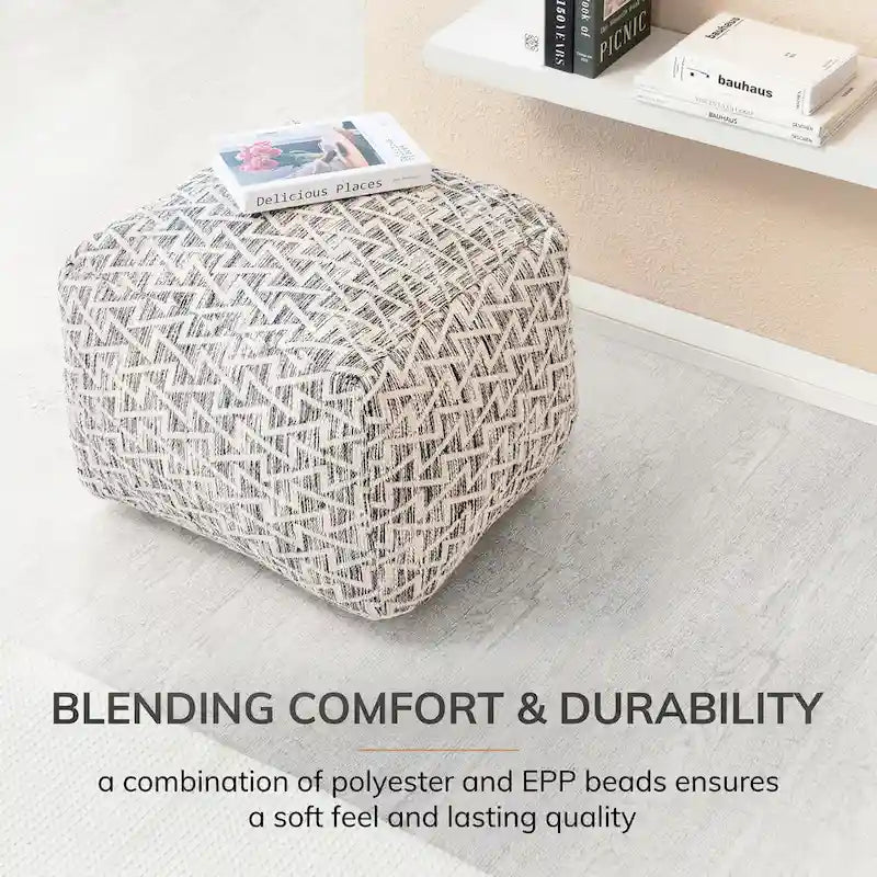 Pouf ottoman carré noir de 22 pouces - Repose-pieds fait main pour salon, chambre à coucher, patio