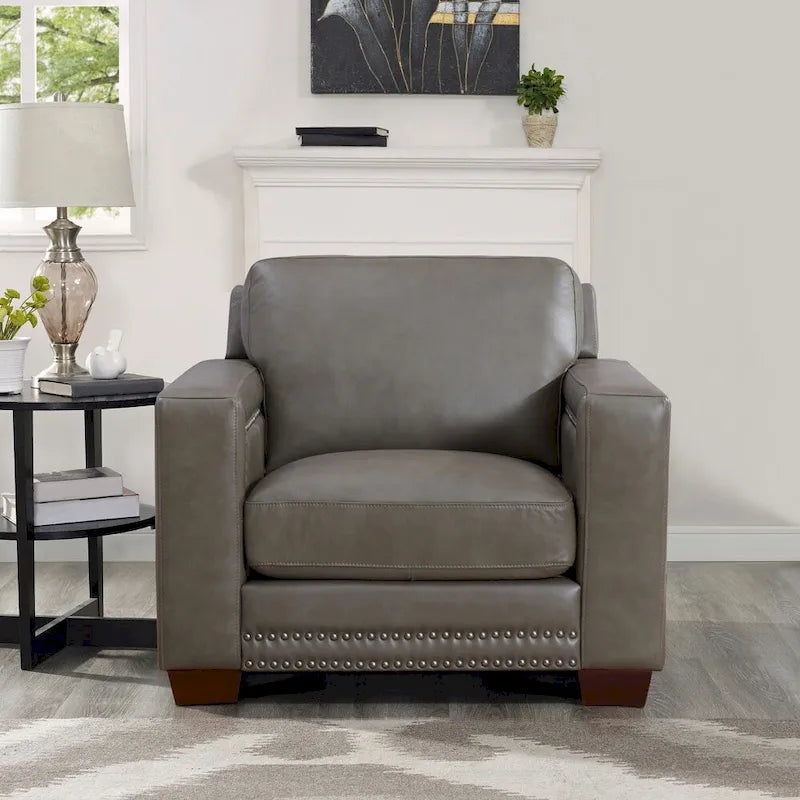 Fauteuil en cuir pleine fleur avec plumes, mousse à mémoire de forme et ressorts