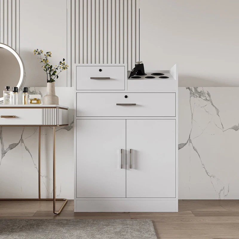 Meuble de rangement pour salon de beauté avec serrure, support pour sèche-cheveux, tiroir pour matériel de coiffure