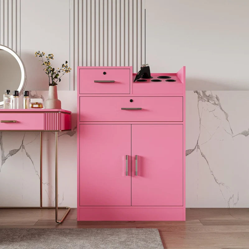 Meuble de rangement pour salon de beauté avec serrure, support pour sèche-cheveux, tiroir pour matériel de coiffure
