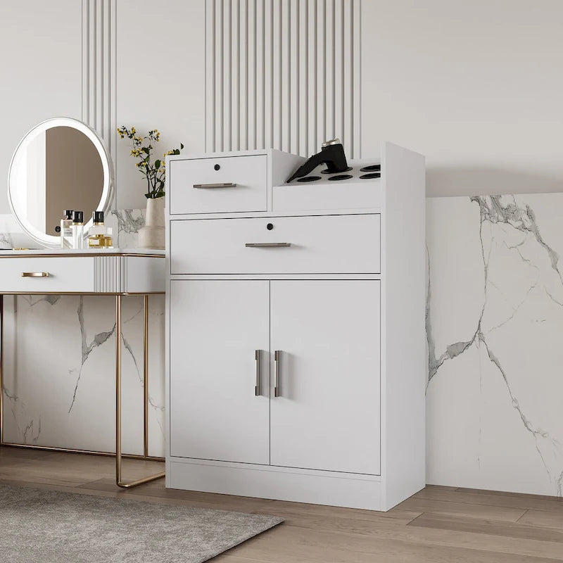 Meuble de rangement pour salon de beauté avec serrure, support pour sèche-cheveux, tiroir pour matériel de coiffure