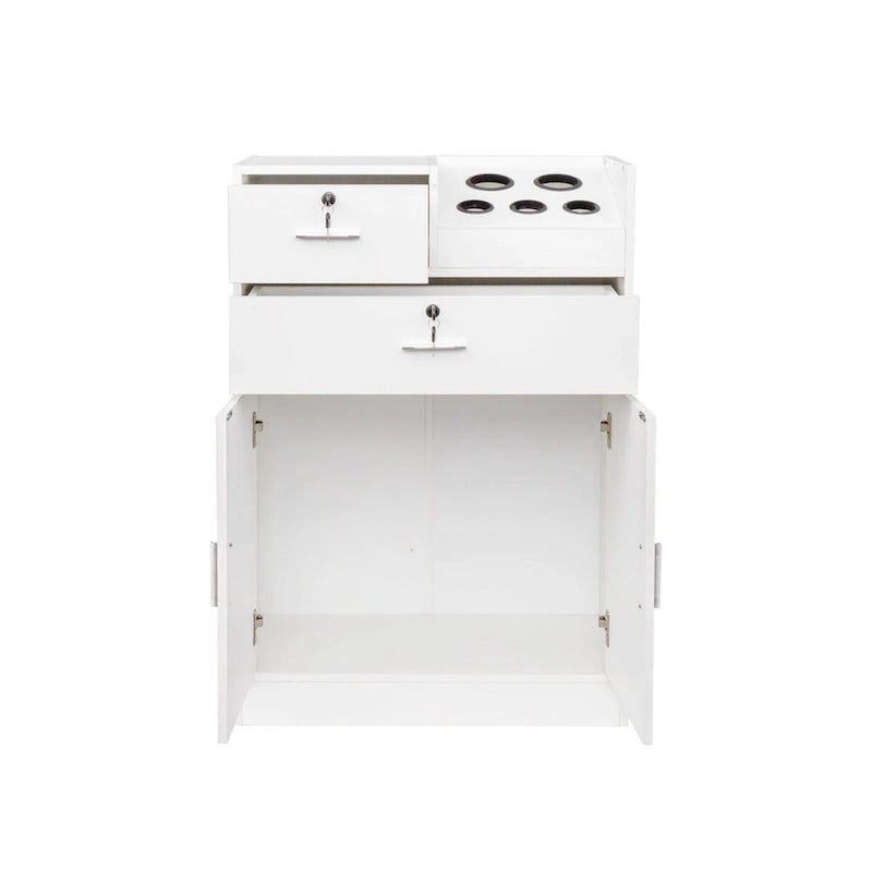 Meuble de rangement pour salon de beauté avec serrure, support pour sèche-cheveux, tiroir pour matériel de coiffure