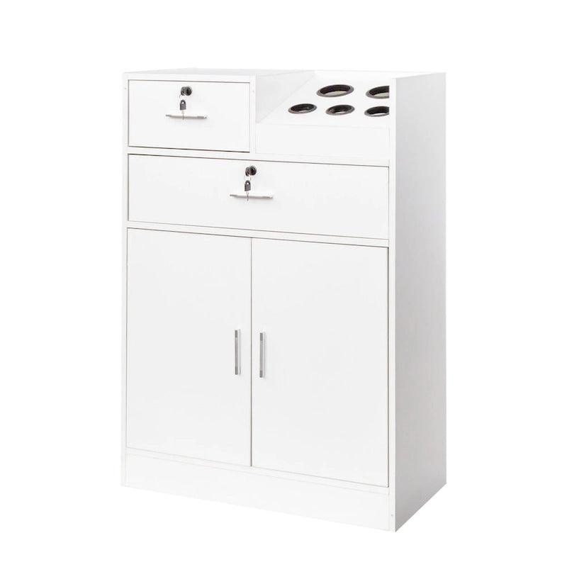 Meuble de rangement pour salon de beauté avec serrure, support pour sèche-cheveux, tiroir pour matériel de coiffure