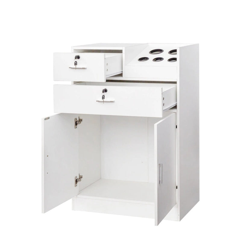 Meuble de rangement pour salon de beauté avec serrure, support pour sèche-cheveux, tiroir pour matériel de coiffure