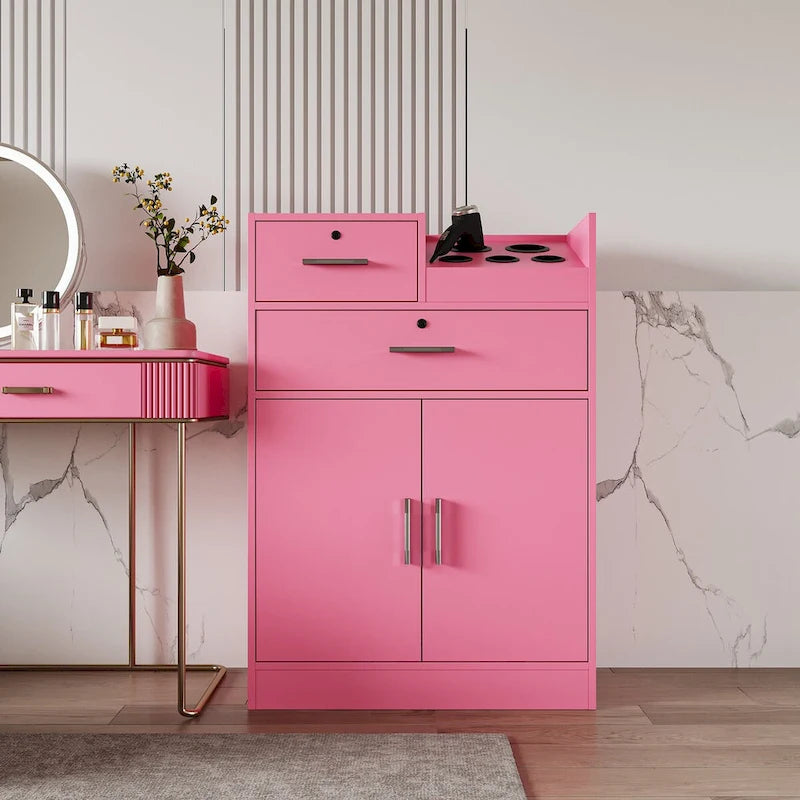 Meuble de rangement pour salon de beauté avec serrure, support pour sèche-cheveux, tiroir pour matériel de coiffure