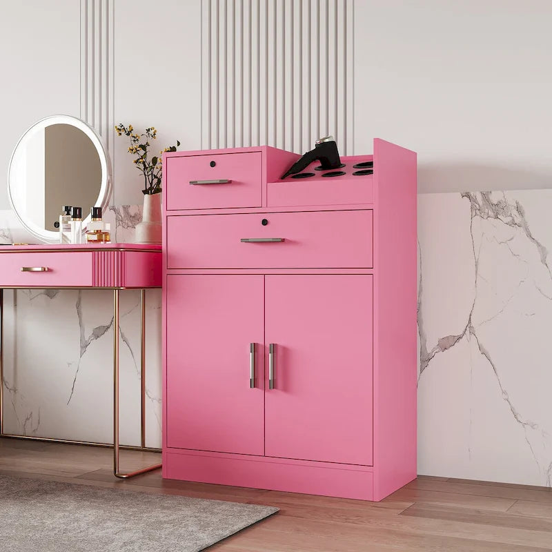 Meuble de rangement pour salon de beauté avec serrure, support pour sèche-cheveux, tiroir pour matériel de coiffure