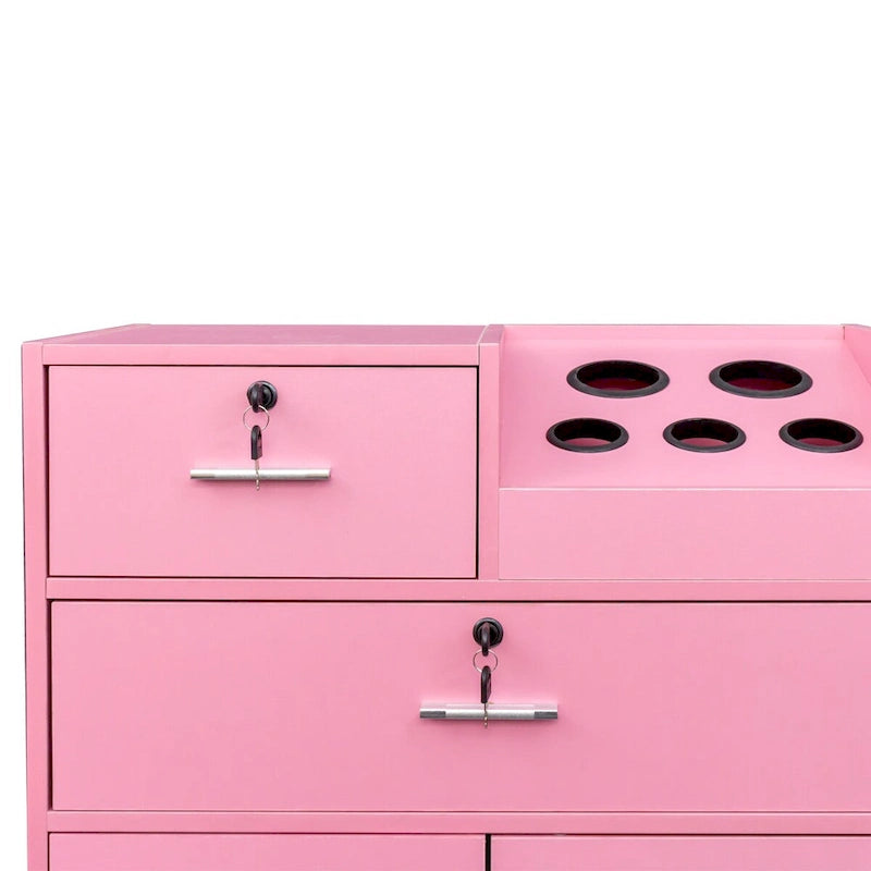 Meuble de rangement pour salon de beauté avec serrure, support pour sèche-cheveux, tiroir pour matériel de coiffure