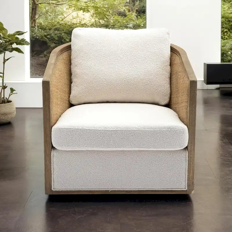 Fauteuil pivotant avec design en rotin, fauteuil canapé en cuir, fauteuil club avec oreiller, fauteuil de loisirs pour le salon