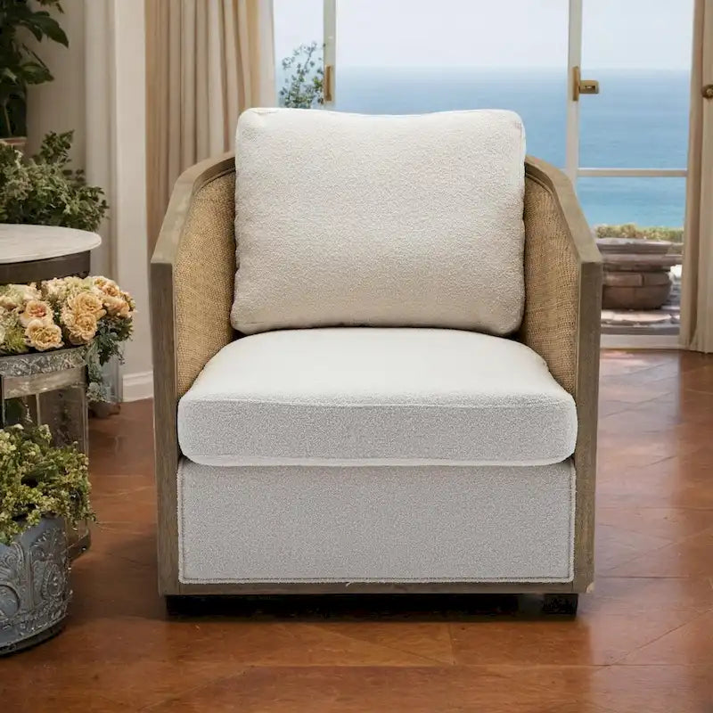 Fauteuil pivotant avec design en rotin, fauteuil canapé en cuir, fauteuil club avec oreiller, fauteuil de loisirs pour le salon