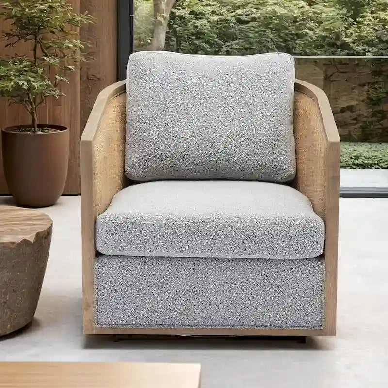 Fauteuil pivotant avec design en rotin, fauteuil canapé en cuir, fauteuil club avec oreiller, fauteuil de loisirs pour le salon