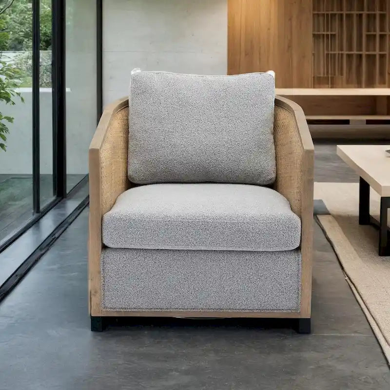 Fauteuil pivotant avec design en rotin, fauteuil canapé en cuir, fauteuil club avec oreiller, fauteuil de loisirs pour le salon