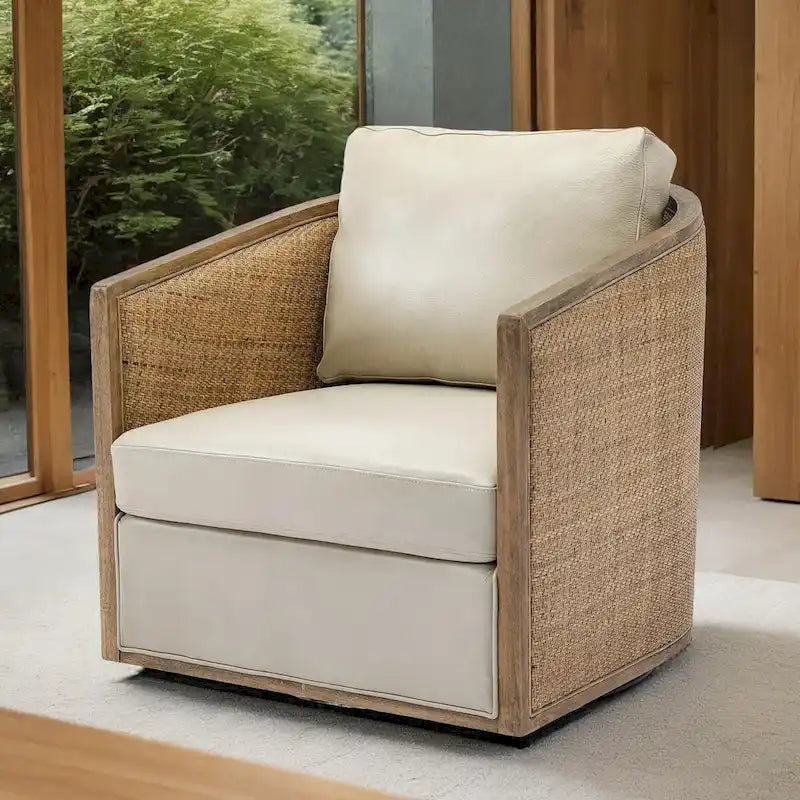 Fauteuil pivotant avec design en rotin, fauteuil canapé en cuir, fauteuil club avec oreiller, fauteuil de loisirs pour le salon
