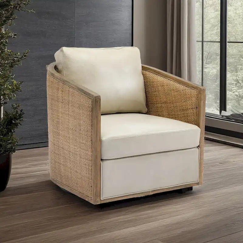 Fauteuil pivotant avec design en rotin, fauteuil canapé en cuir, fauteuil club avec oreiller, fauteuil de loisirs pour le salon