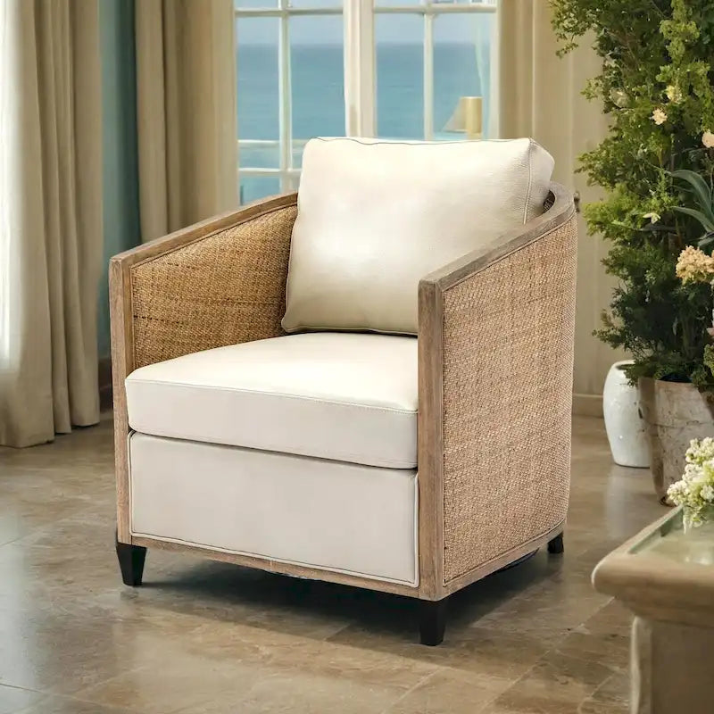 Fauteuil pivotant avec design en rotin, fauteuil canapé en cuir, fauteuil club avec oreiller, fauteuil de loisirs pour le salon