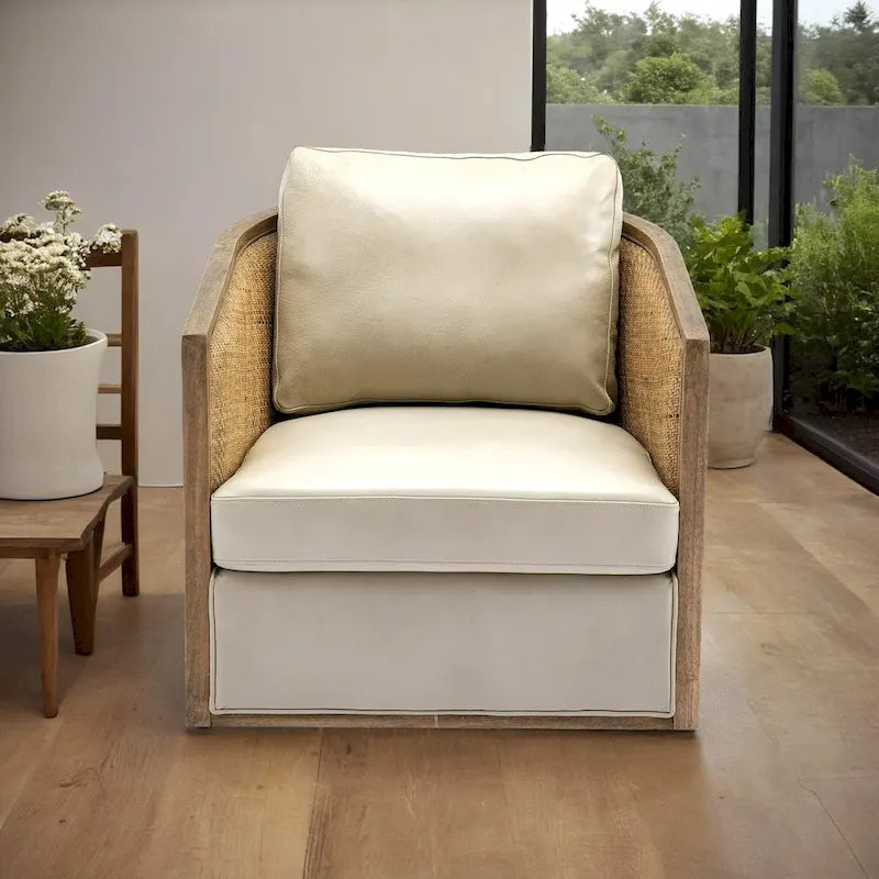 Fauteuil pivotant avec design en rotin, fauteuil canapé en cuir, fauteuil club avec oreiller, fauteuil de loisirs pour le salon