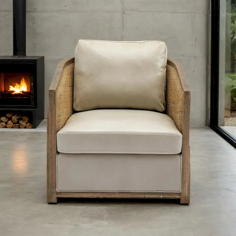 Fauteuil pivotant avec design en rotin, fauteuil canapé en cuir, fauteuil club avec oreiller, fauteuil de loisirs pour le salon