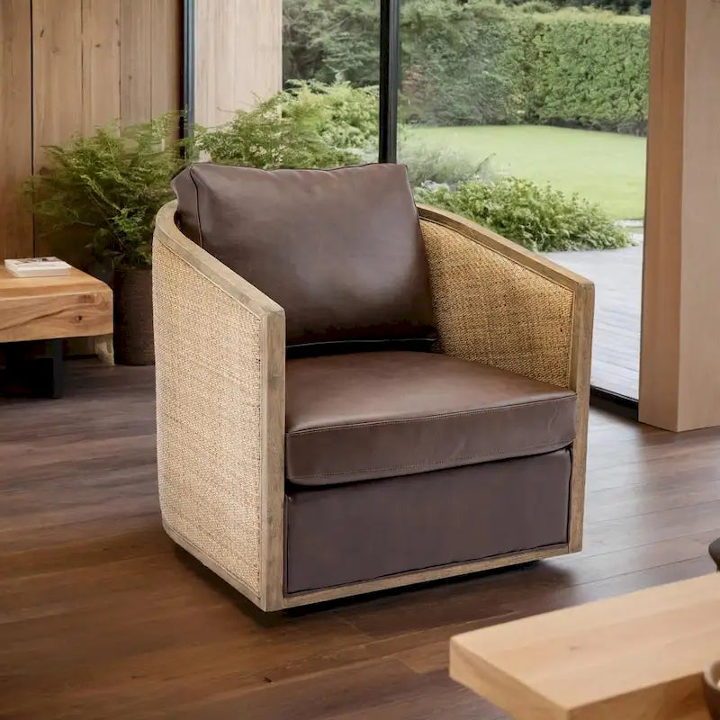 Fauteuil pivotant avec design en rotin, fauteuil canapé en cuir, fauteuil club avec oreiller, fauteuil de loisirs pour le salon