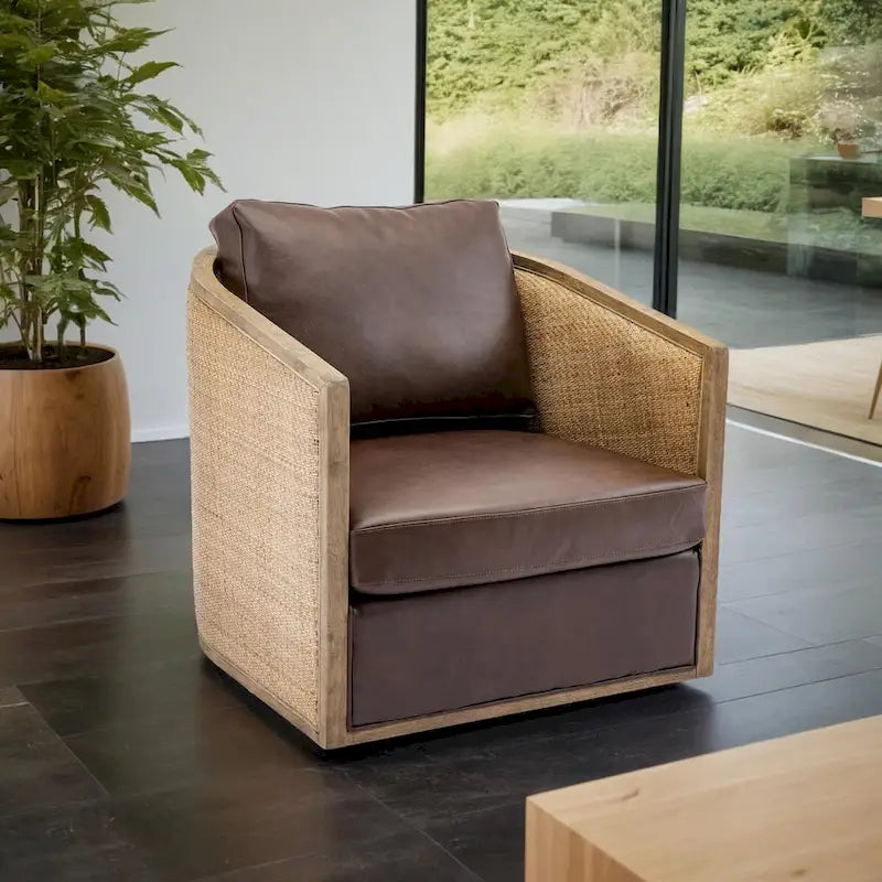 Fauteuil pivotant avec design en rotin, fauteuil canapé en cuir, fauteuil club avec oreiller, fauteuil de loisirs pour le salon