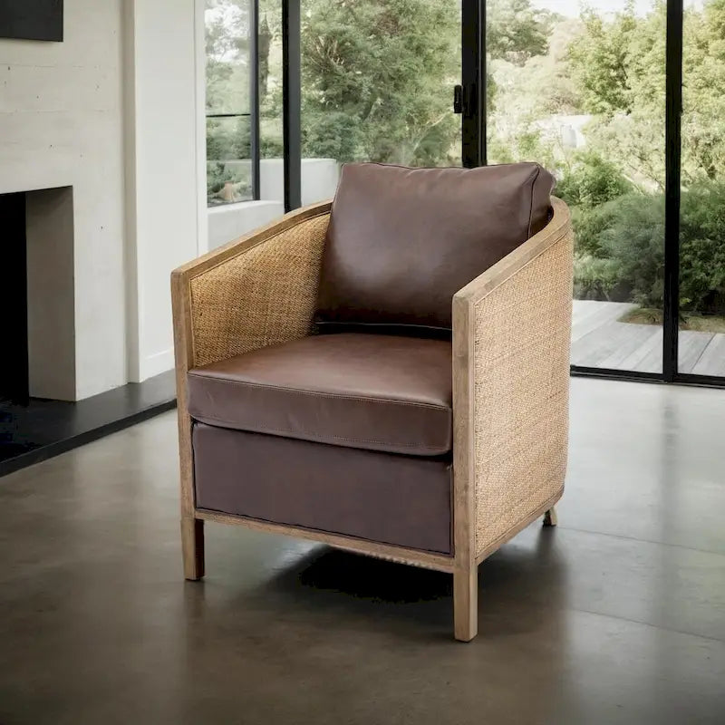 Fauteuil pivotant avec design en rotin, fauteuil canapé en cuir, fauteuil club avec oreiller, fauteuil de loisirs pour le salon