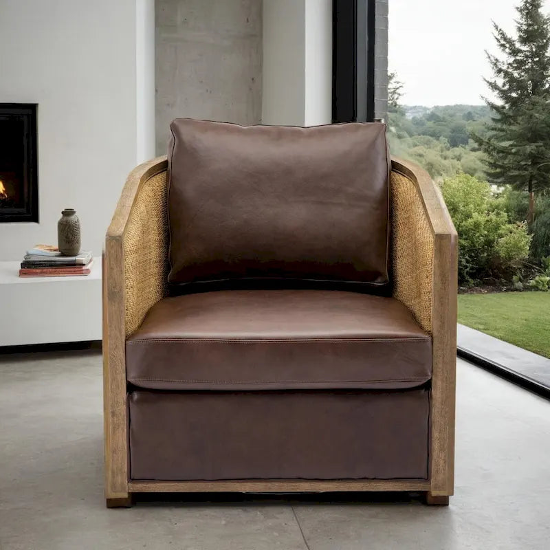 Fauteuil pivotant avec design en rotin, fauteuil canapé en cuir, fauteuil club avec oreiller, fauteuil de loisirs pour le salon