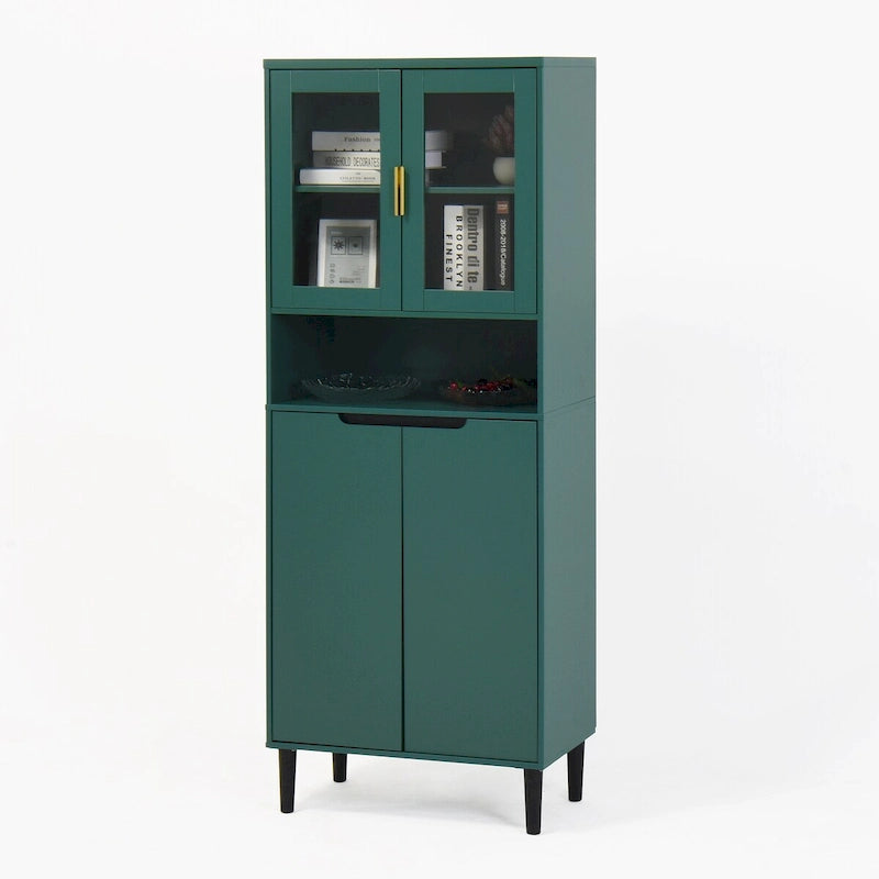 Meuble de rangement haut avec 2 portes vitrées et 2 portes, buffet de cuisine avec poignées dorées, meuble autoportant