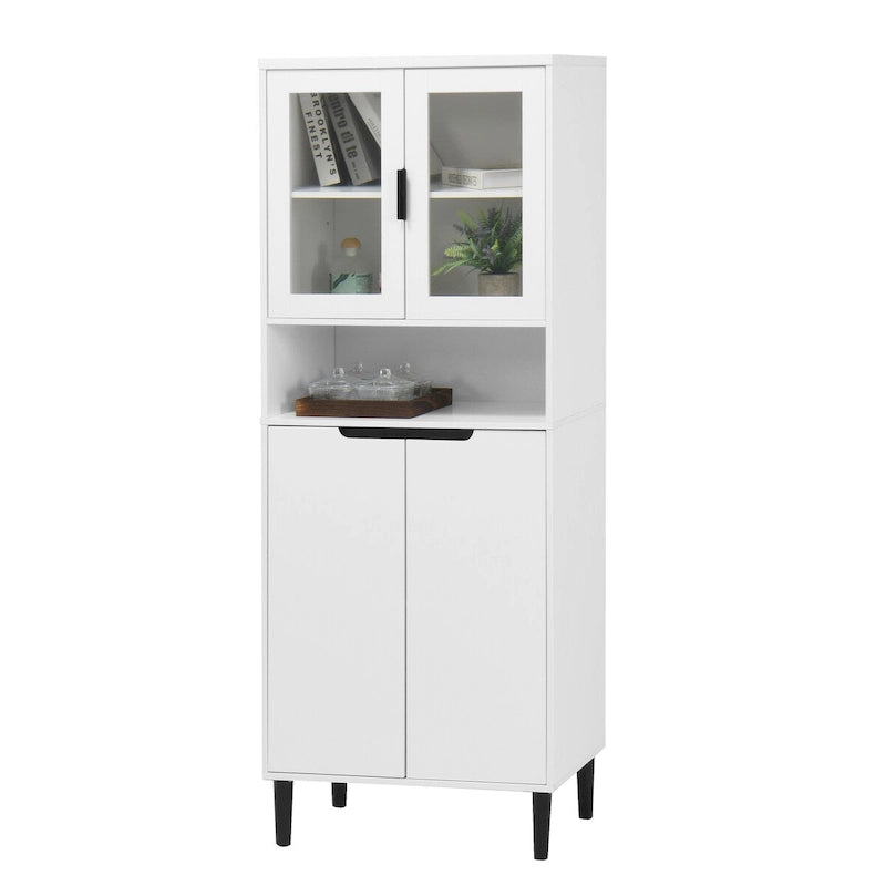 Meuble de rangement haut avec 2 portes vitrées et 2 portes, buffet de cuisine avec poignées dorées, meuble autoportant