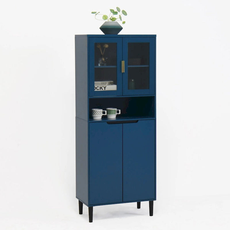 Tall Storage Show Cabinet with 2 Glass Display Door & 2 Doors, Kitchen Pantry Cabinet with Gold HandlesCabinet Freestanding