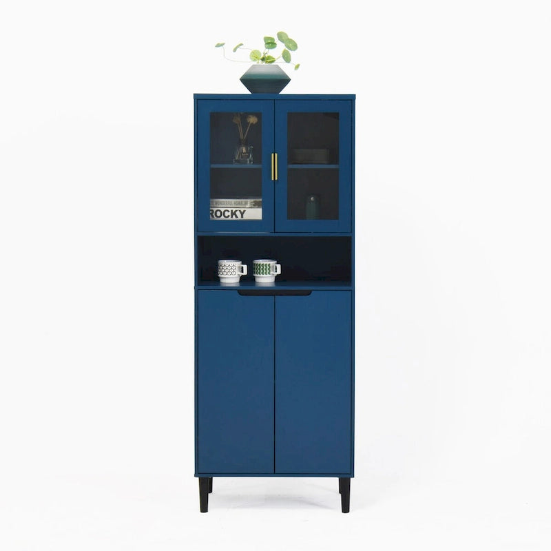 Meuble de rangement haut avec 2 portes vitrées et 2 portes, buffet de cuisine avec poignées dorées, meuble autoportant