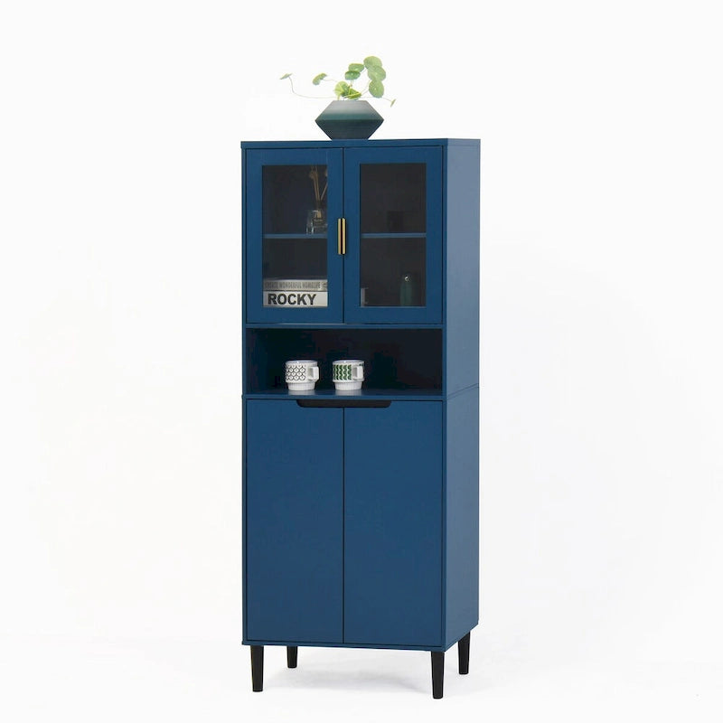 Meuble de rangement haut avec 2 portes vitrées et 2 portes, buffet de cuisine avec poignées dorées, meuble autoportant