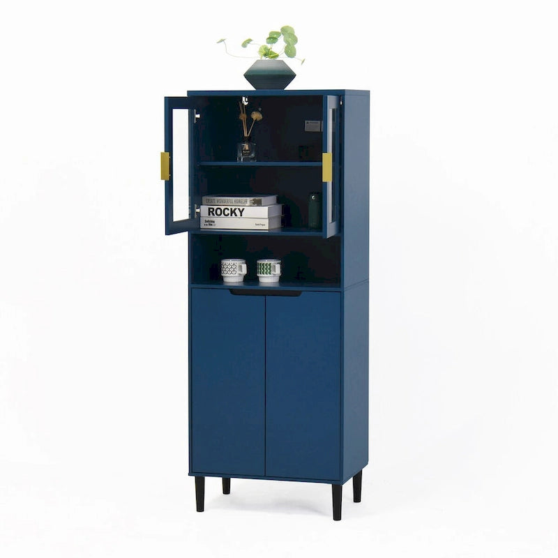 Meuble de rangement haut avec 2 portes vitrées et 2 portes, buffet de cuisine avec poignées dorées, meuble autoportant