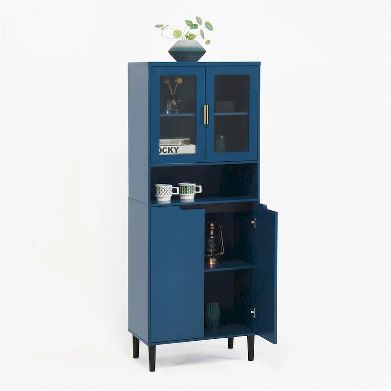 Meuble de rangement haut avec 2 portes vitrées et 2 portes, buffet de cuisine avec poignées dorées, meuble autoportant