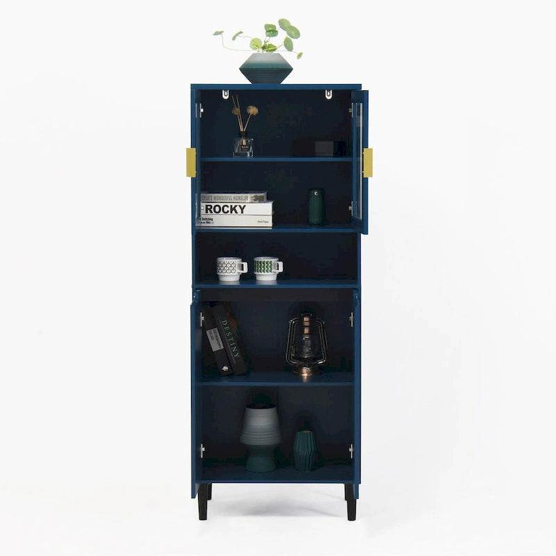 Meuble de rangement haut avec 2 portes vitrées et 2 portes, buffet de cuisine avec poignées dorées, meuble autoportant