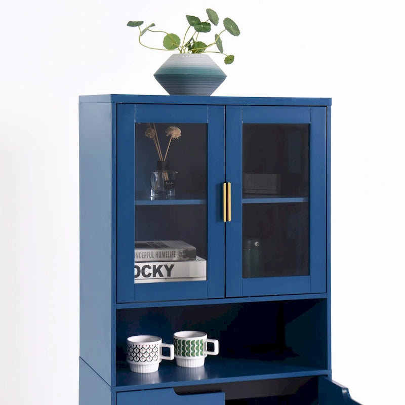 Meuble de rangement haut avec 2 portes vitrées et 2 portes, buffet de cuisine avec poignées dorées, meuble autoportant