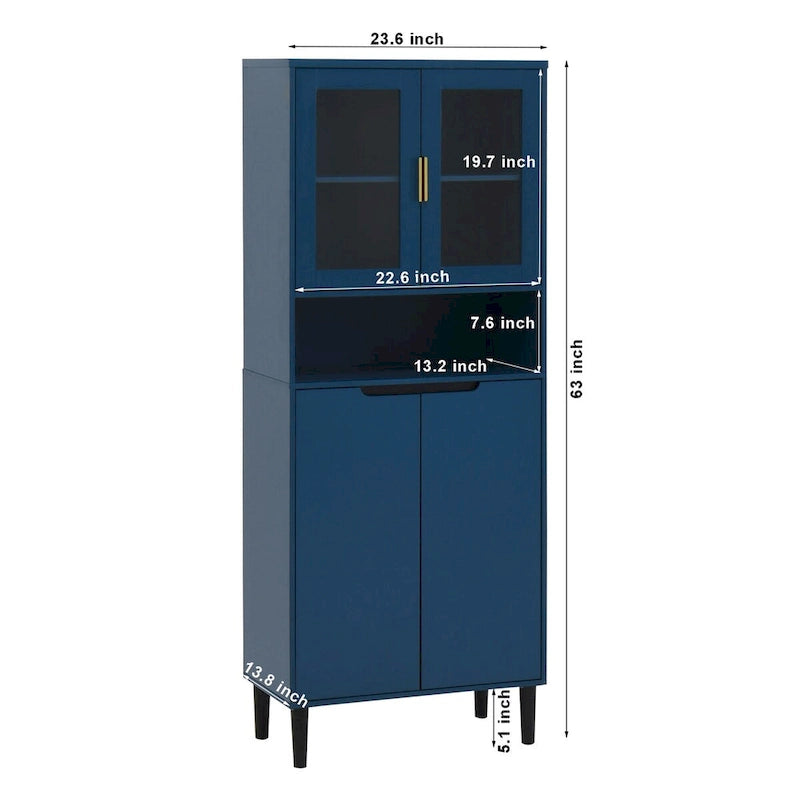 Meuble de rangement haut avec 2 portes vitrées et 2 portes, buffet de cuisine avec poignées dorées, meuble autoportant