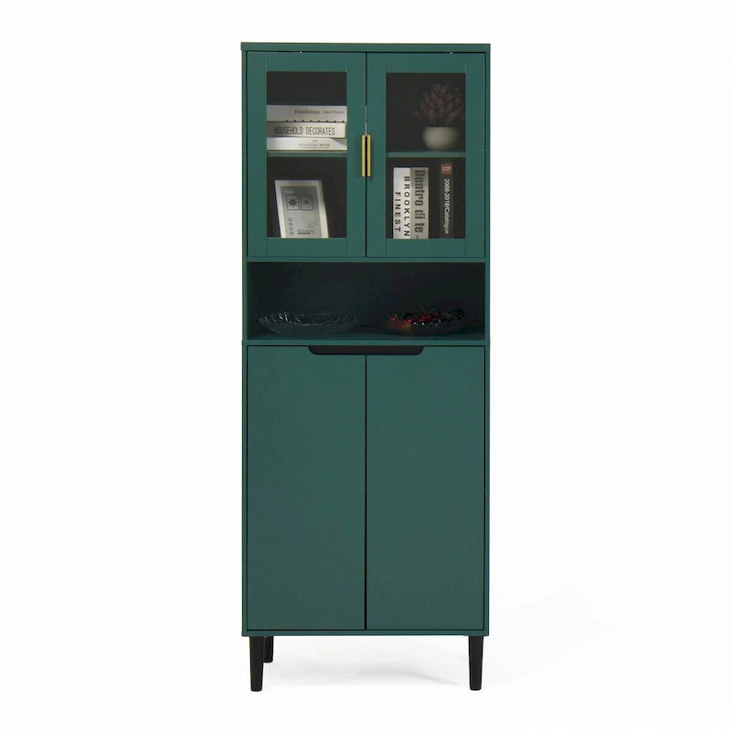 Meuble de rangement haut avec 2 portes vitrées et 2 portes, buffet de cuisine avec poignées dorées, meuble autoportant