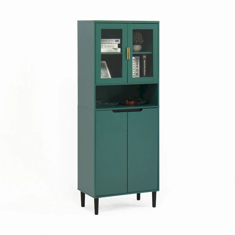 Meuble de rangement haut avec 2 portes vitrées et 2 portes, buffet de cuisine avec poignées dorées, meuble autoportant