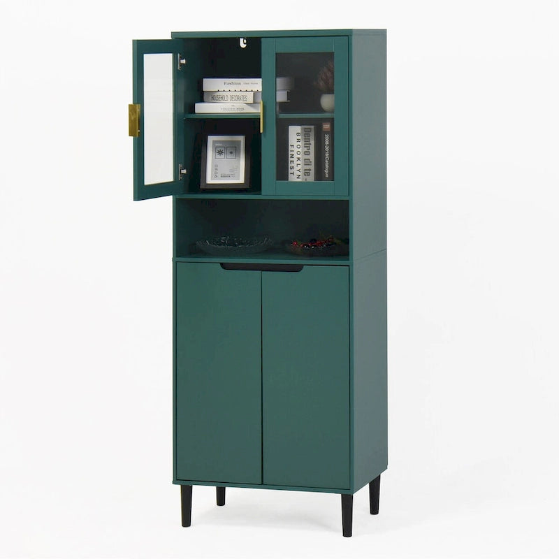 Meuble de rangement haut avec 2 portes vitrées et 2 portes, buffet de cuisine avec poignées dorées, meuble autoportant