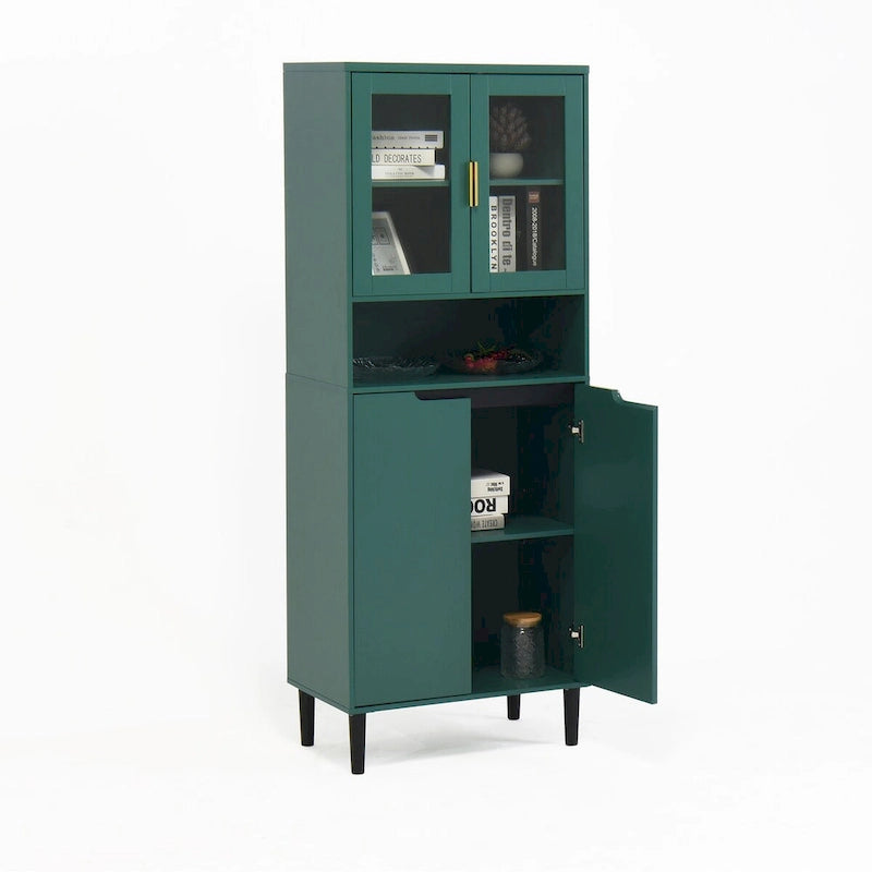 Meuble de rangement haut avec 2 portes vitrées et 2 portes, buffet de cuisine avec poignées dorées, meuble autoportant