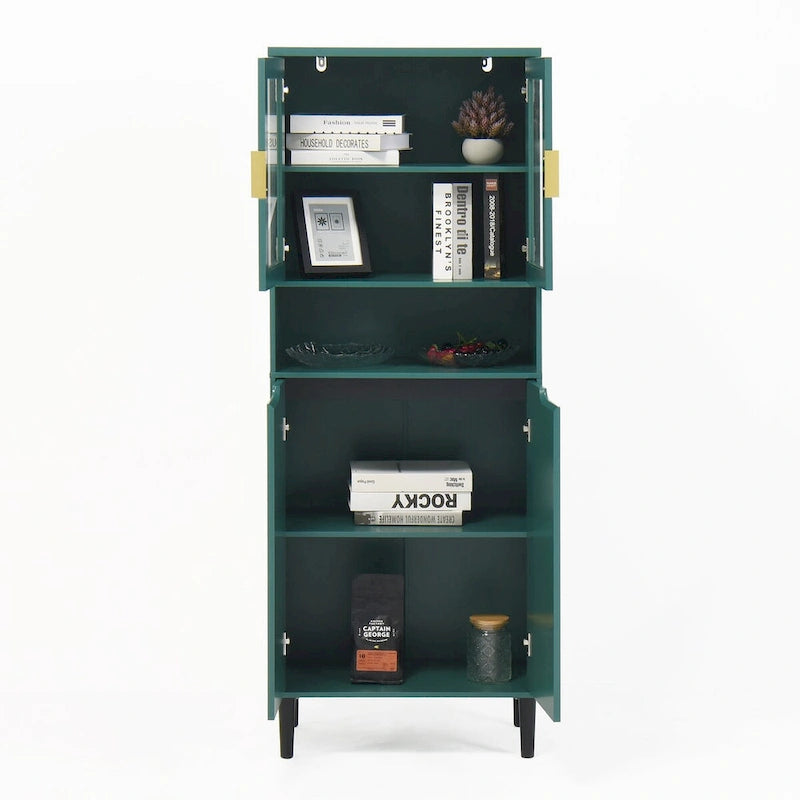 Meuble de rangement haut avec 2 portes vitrées et 2 portes, buffet de cuisine avec poignées dorées, meuble autoportant