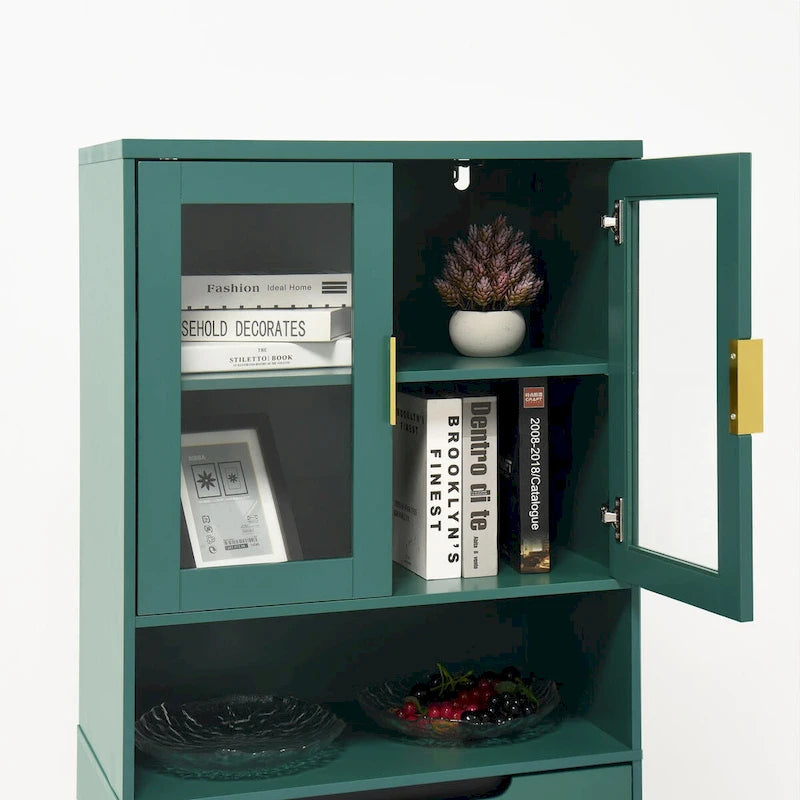 Meuble de rangement haut avec 2 portes vitrées et 2 portes, buffet de cuisine avec poignées dorées, meuble autoportant