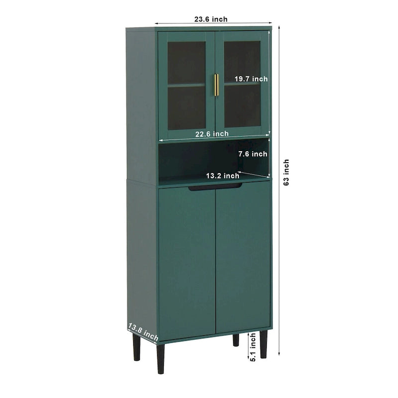 Meuble de rangement haut avec 2 portes vitrées et 2 portes, buffet de cuisine avec poignées dorées, meuble autoportant